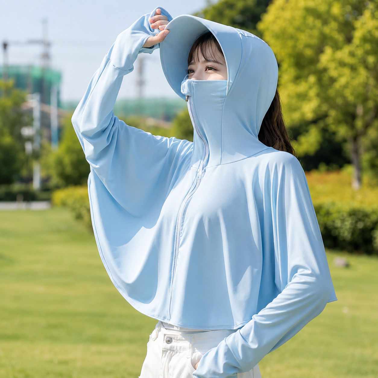Chal refrescante con protección UV con gorro de color azul pastel (R02)